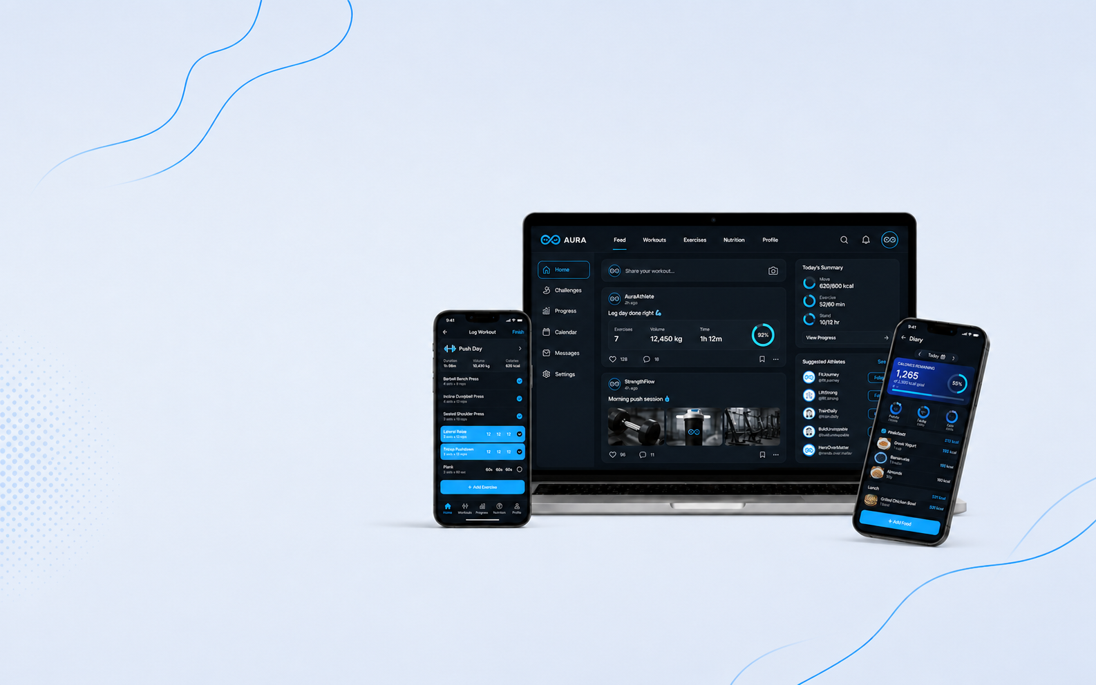 AuraX Fit dashboard showing calorie tracking, macro tracking, hydration, workouts, and habit streaks