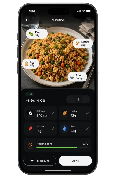 AuraX Fit AI meal scanner showing a fried rice meal broken down into calories, protein, carbs, fat, and a health score