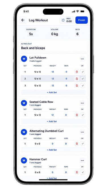 AuraX Fit workout logging screen showing sets, reps, weight, and active split for a gym workout
